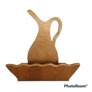 Vintage Pitcher and Bowl Shaped Wall Pocket Decorative Wood Hanging Floral Decor